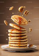 Stack of fluffy pancakes with honey and walnuts drizzle