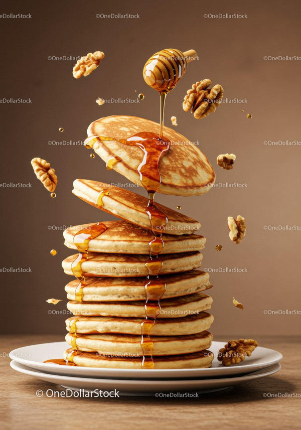 Stack of fluffy pancakes with honey and walnuts drizzle