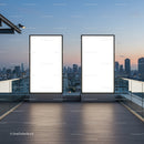 Modern rooftop with two illuminated vertical billboards at dusk