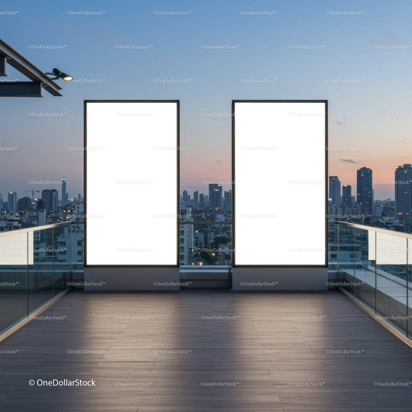 Modern rooftop with two illuminated vertical billboards at dusk JPG Mockup Image