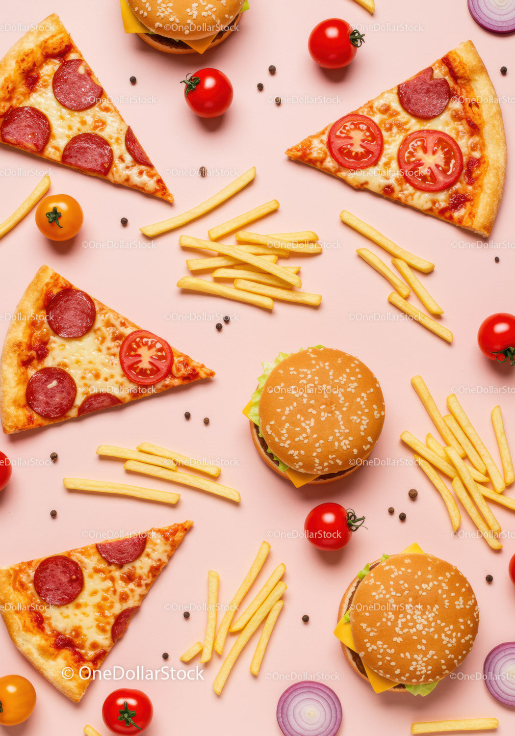 Flat Lay of Fast Food with Pizza, Burgers, and Fries