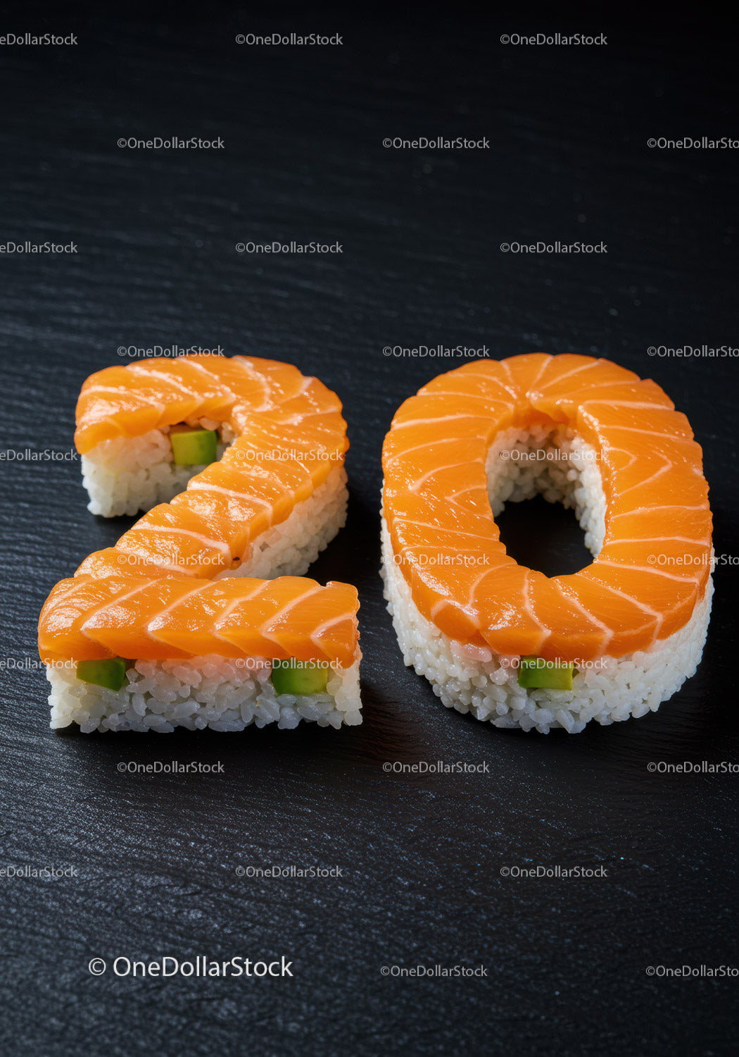 Rolki sushi z łososiem w kształcie cyfry dwadzieścia na czarnym tle