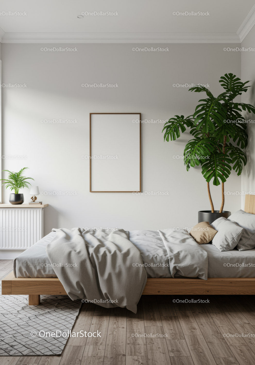 Minimalistyczna sypialnia z zieloną monsterą i naturalnym światłem