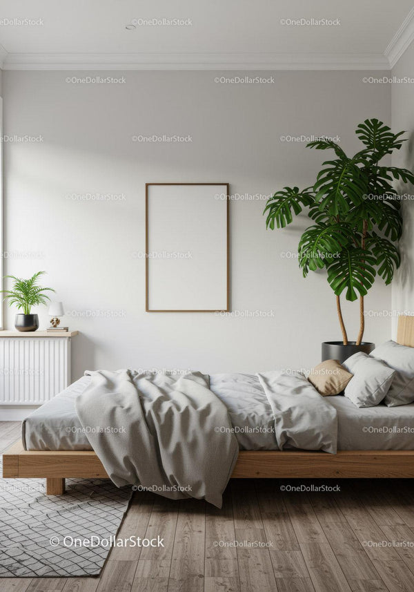 Minimalistyczna sypialnia z zieloną monsterą i naturalnym światłem