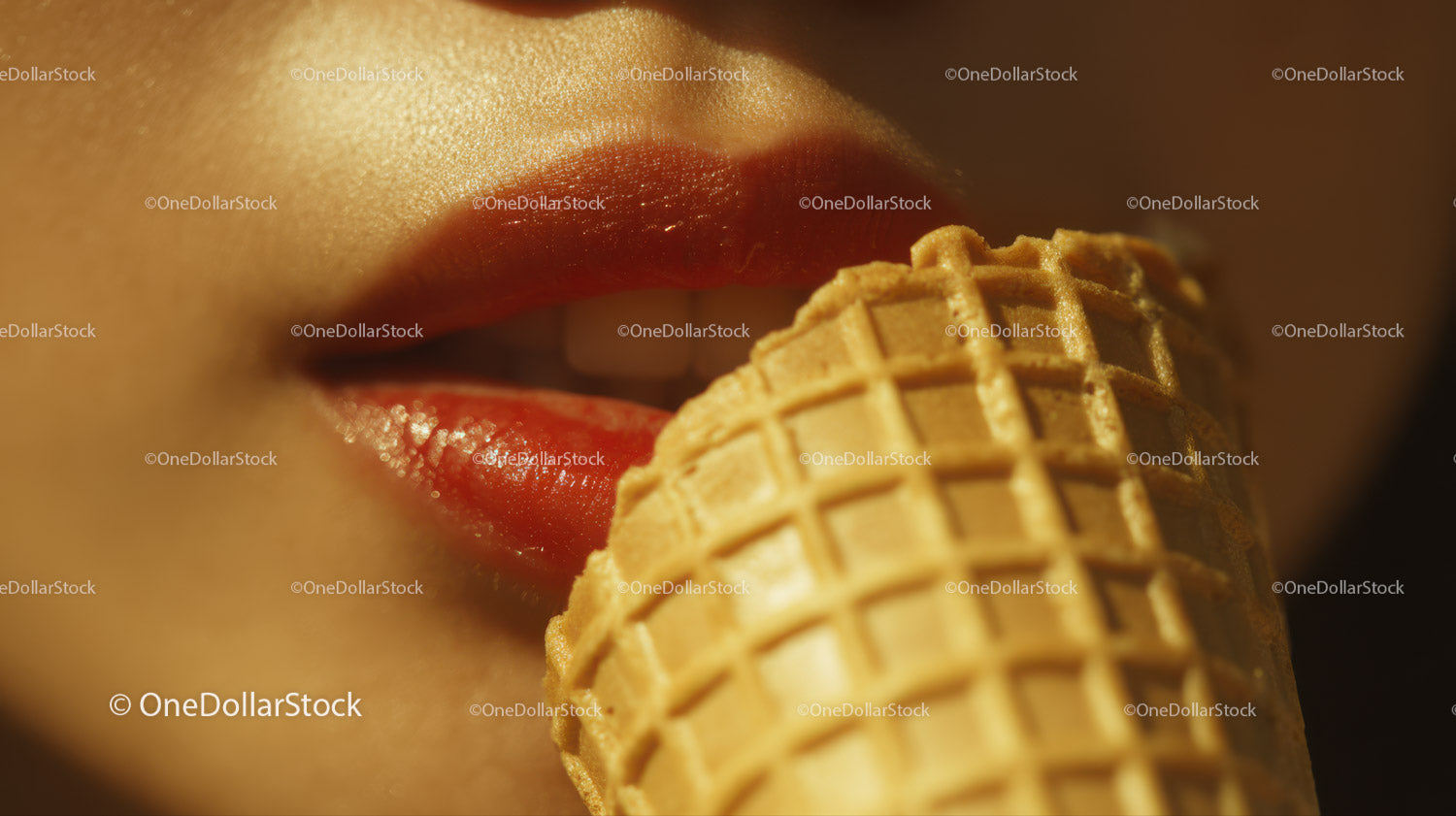 Zbliżenie na czerwone usta i rożek waflowy z lodami waniliowymi