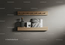 Stylish Wooden Floating Shelves with Decor and Black and White Photography