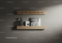 Stylish Wooden Floating Shelves with Decor and Black and White Photography