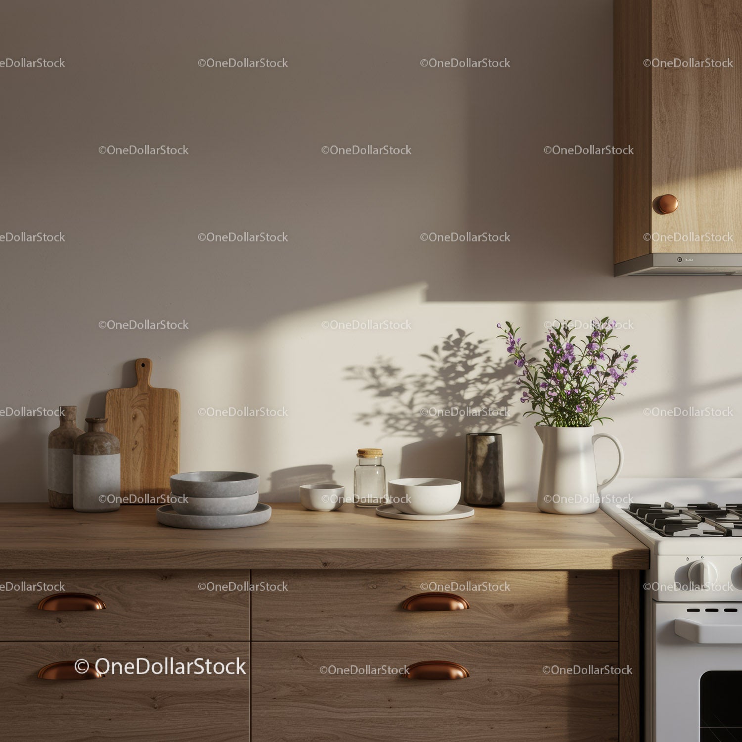 Cozy Modern Kitchen with Wooden Countertop and Floral Decor