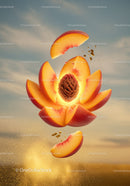 Exploded peach with glowing pit against soft sky
