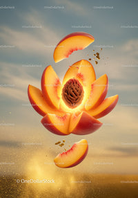 Exploded peach with glowing pit against soft sky