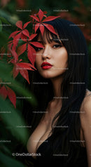 Elegant Woman with Red Lips in Botanical Foliage Outdoors