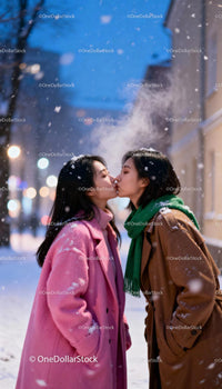Couple sharing a tender kiss on snowy winter evening