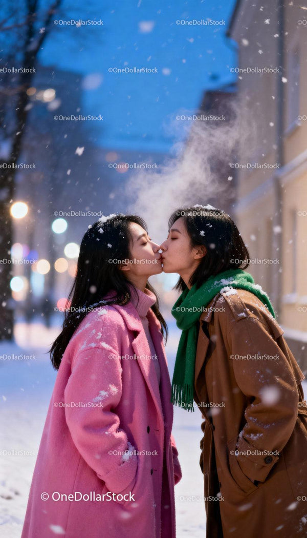 Couple sharing a tender kiss on snowy winter evening
