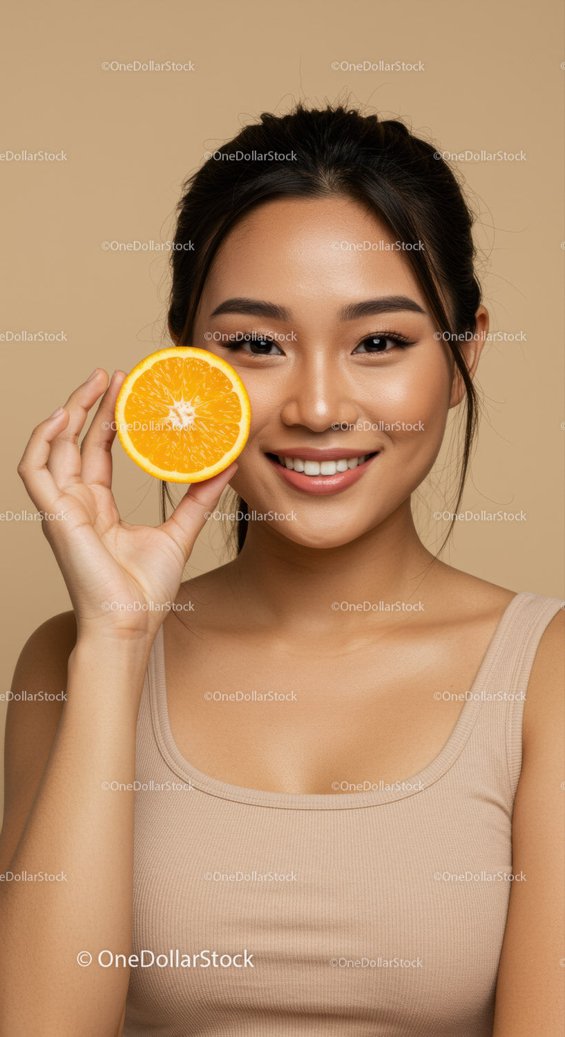Young Woman Holding Orange Slice With Bright Smile and Natural Makeup