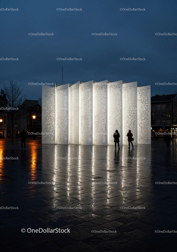 Modern Artistic Light Sculpture in Urban Night Setting JPG Mockup Image