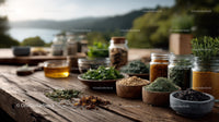 Variety of Fresh Herbs and Spices in Jars on Rustic Wooden Table