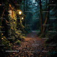 Enchanted Forest Path with Warm Lantern Lights
