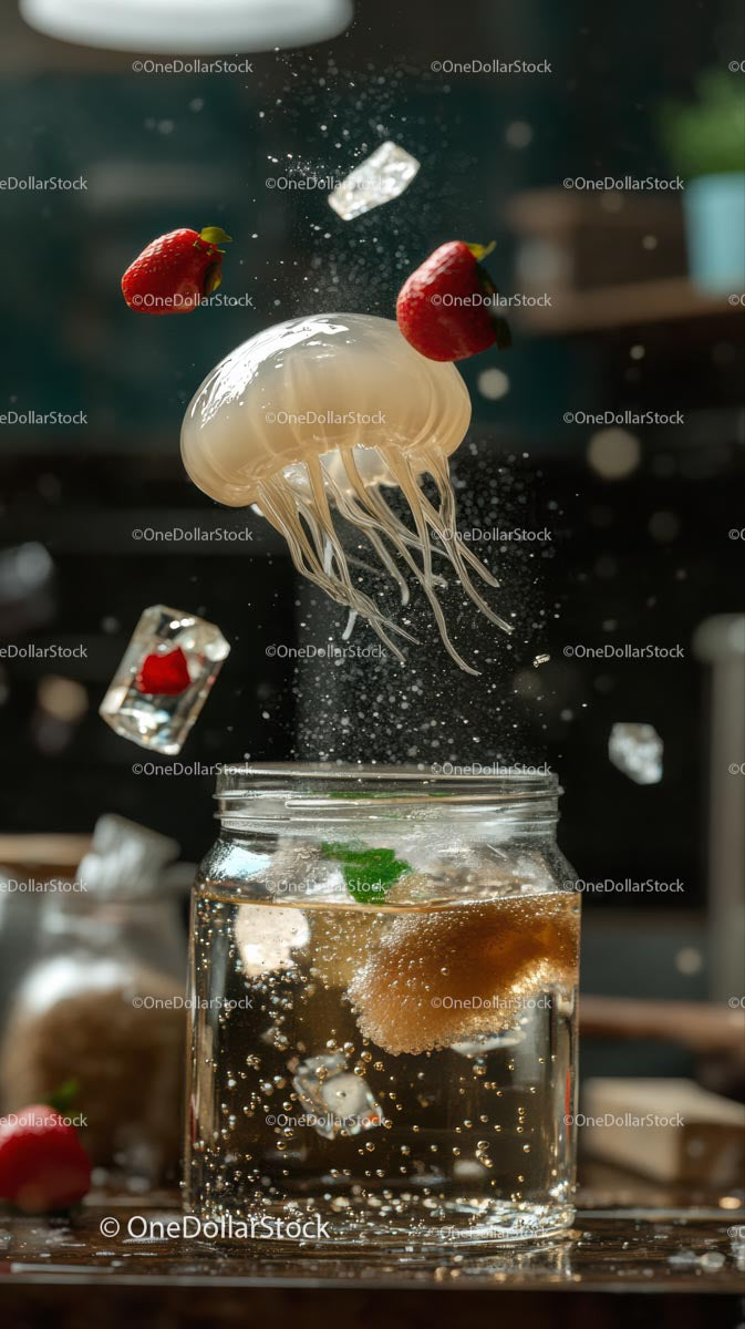 Strawberries and Jellyfish in Splashing Water Action