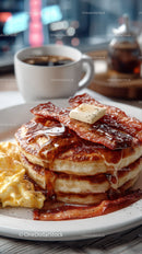 Stack of Fluffy Pancakes with Bacon and Syrup in Cozy Breakfast Setting