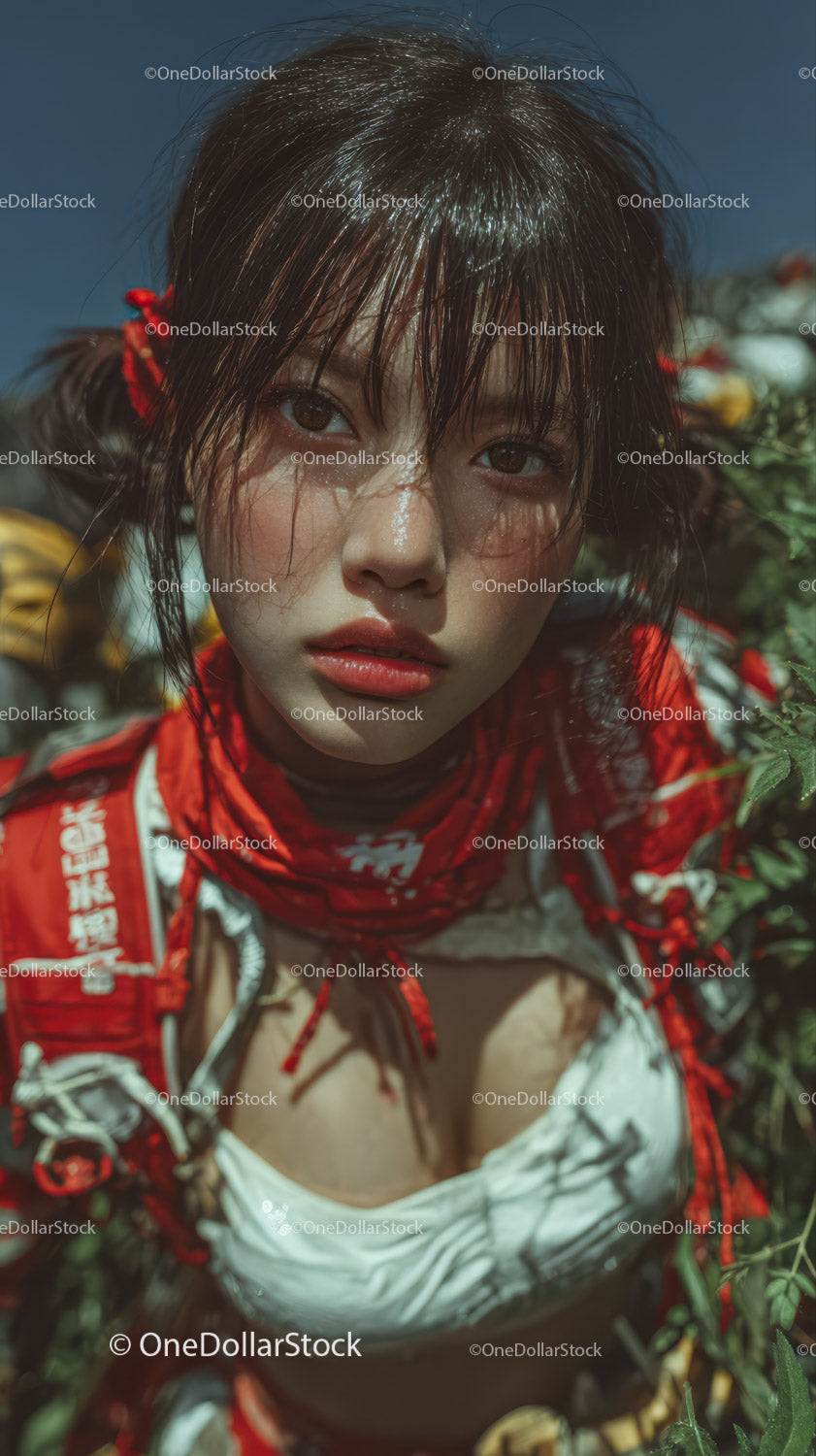 Close-up of a Young Woman with Wet Hair Amid Green Foliage