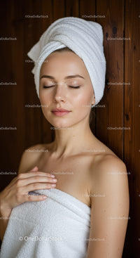 Relaxing Woman with Towel Wrap in Spa Setting for Wellness and Self Care