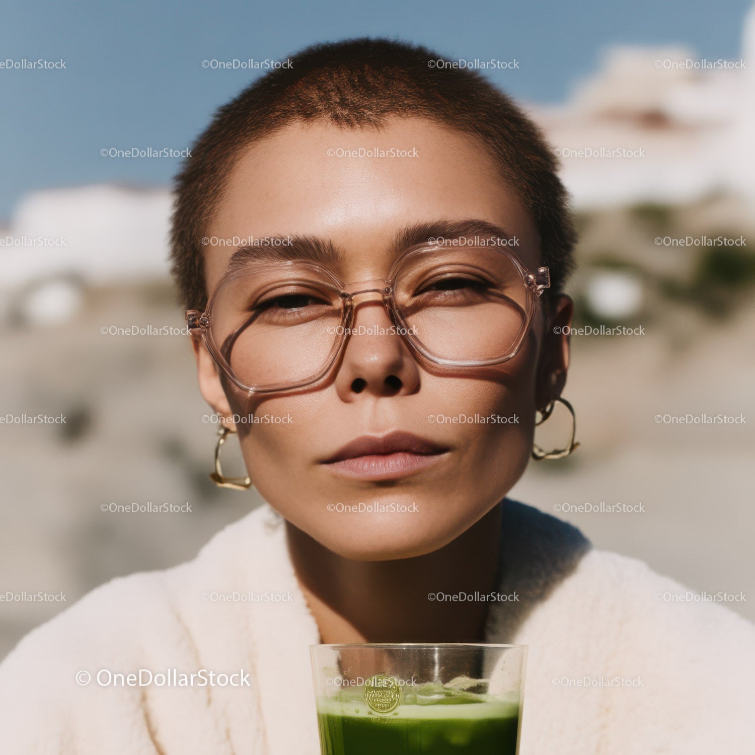 Young Woman with Short Hair and Sunglasses Enjoying Green Smoothie