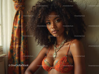Elegant Woman with Curly Hair in Orange Dress and Jewelry