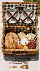 Rustic Picnic Basket with Cheese, Bread and Fresh Fruit