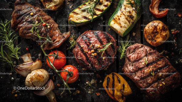 Soczysty grillowany stek z warzywami i świeżymi ziołami