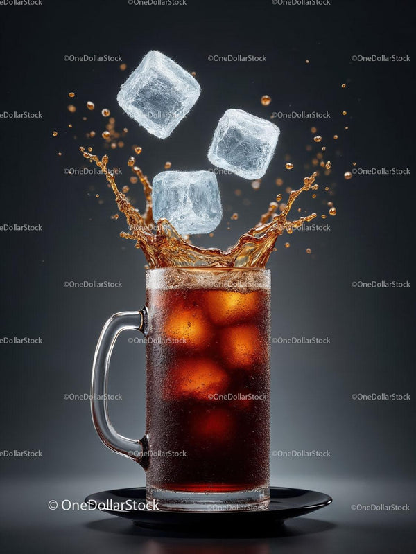 Refreshing Cola Splash with Ice Cubes in Glass Mug