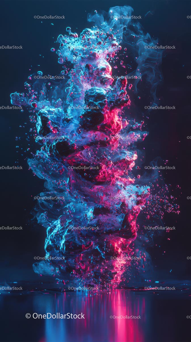 Dynamiczna niebiesko-różowa plama atramentu w wodzie z abstrakcyjną grafiką