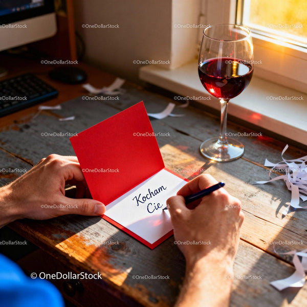 Man Writing Love Note with Red Wine in Warm Sunset Light