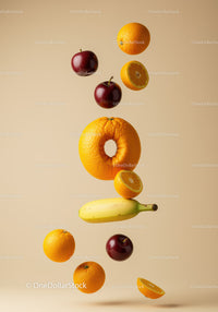 Floating fresh mixed fruits on soft beige background