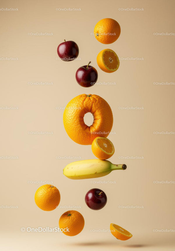 Floating fresh mixed fruits on soft beige background