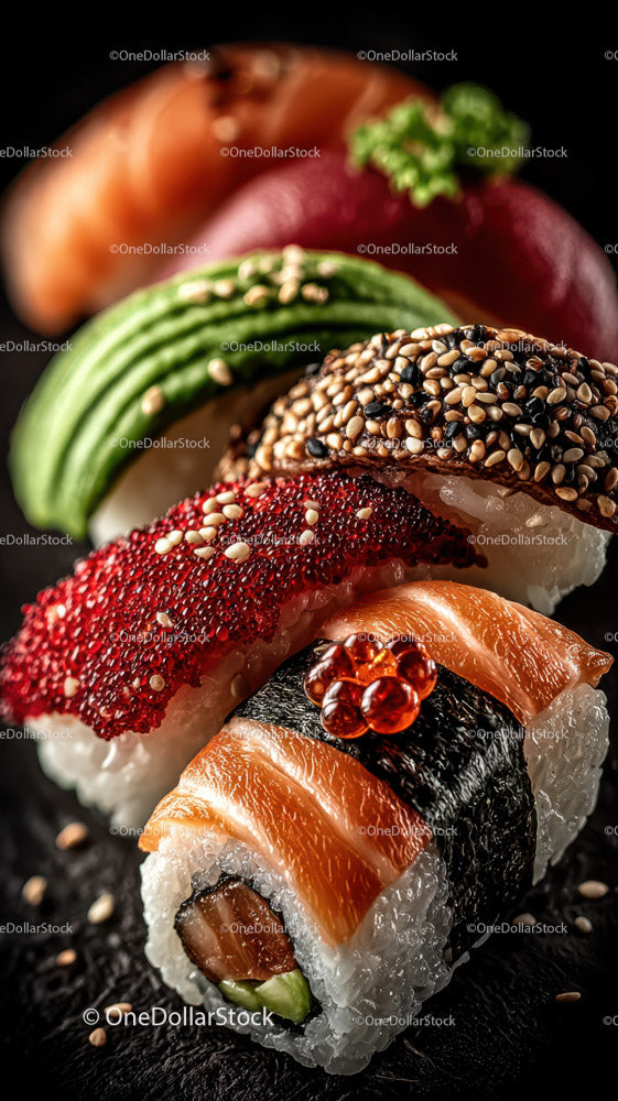 Różne rolki sushi z kawiorem z łososia i wasabi na czarnym łupku