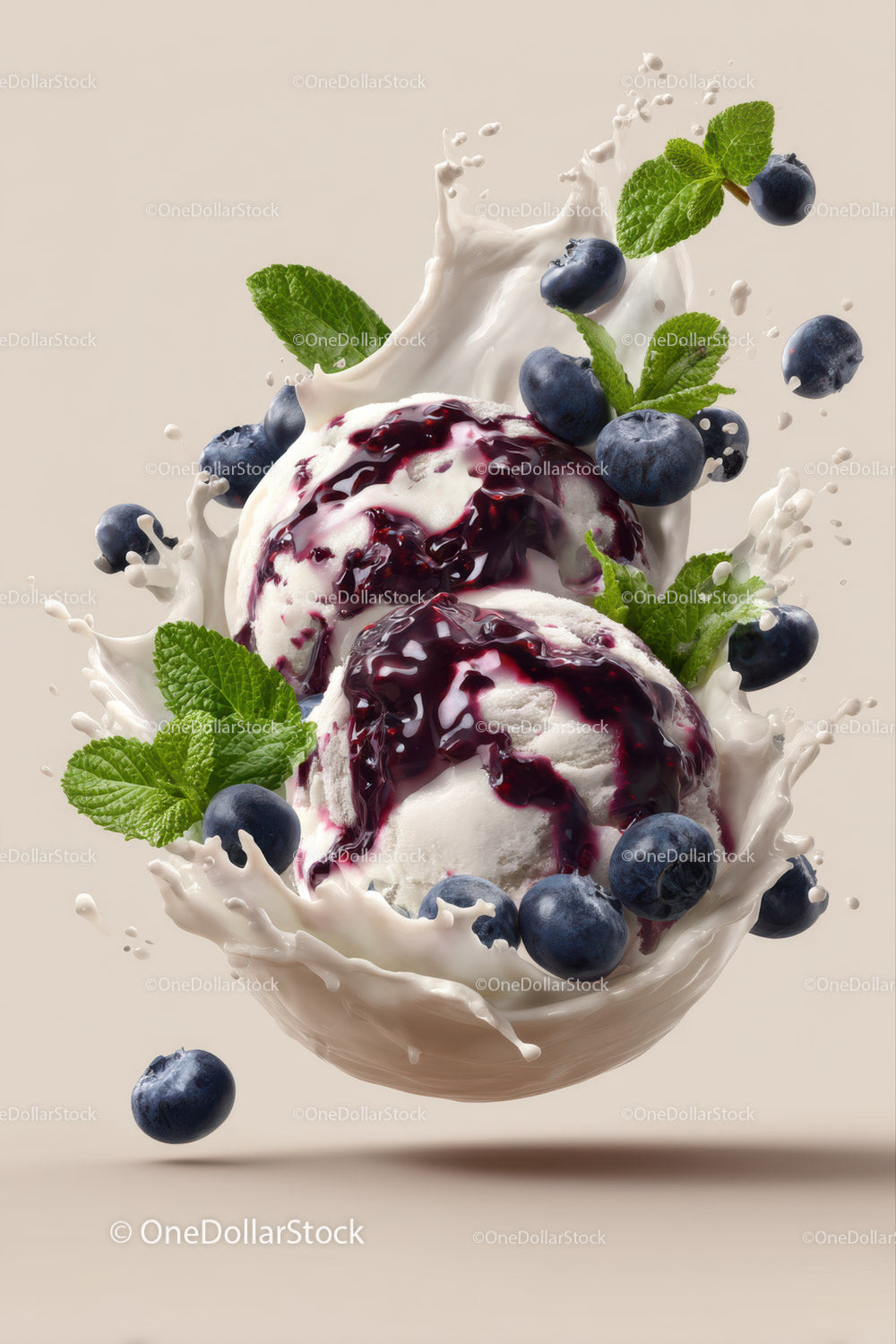 Blueberry Ice Cream with Mint Leaves and Berry Sauce on Splashing Milk