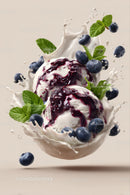 Blueberry Ice Cream with Mint Leaves and Berry Sauce on Splashing Milk