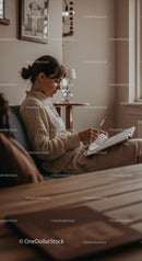 Young woman reading and taking notes at home