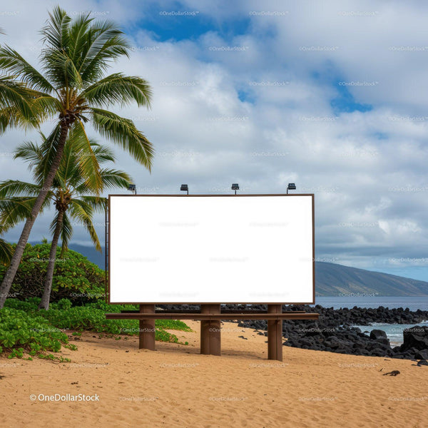 Blank Billboard by Tropical Beach with Palm Trees JPG Mockup Image