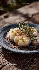 Roasted Garlic Cloves with Rosemary on Rustic Wooden Table