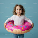Little child standing with colorful donut pool float