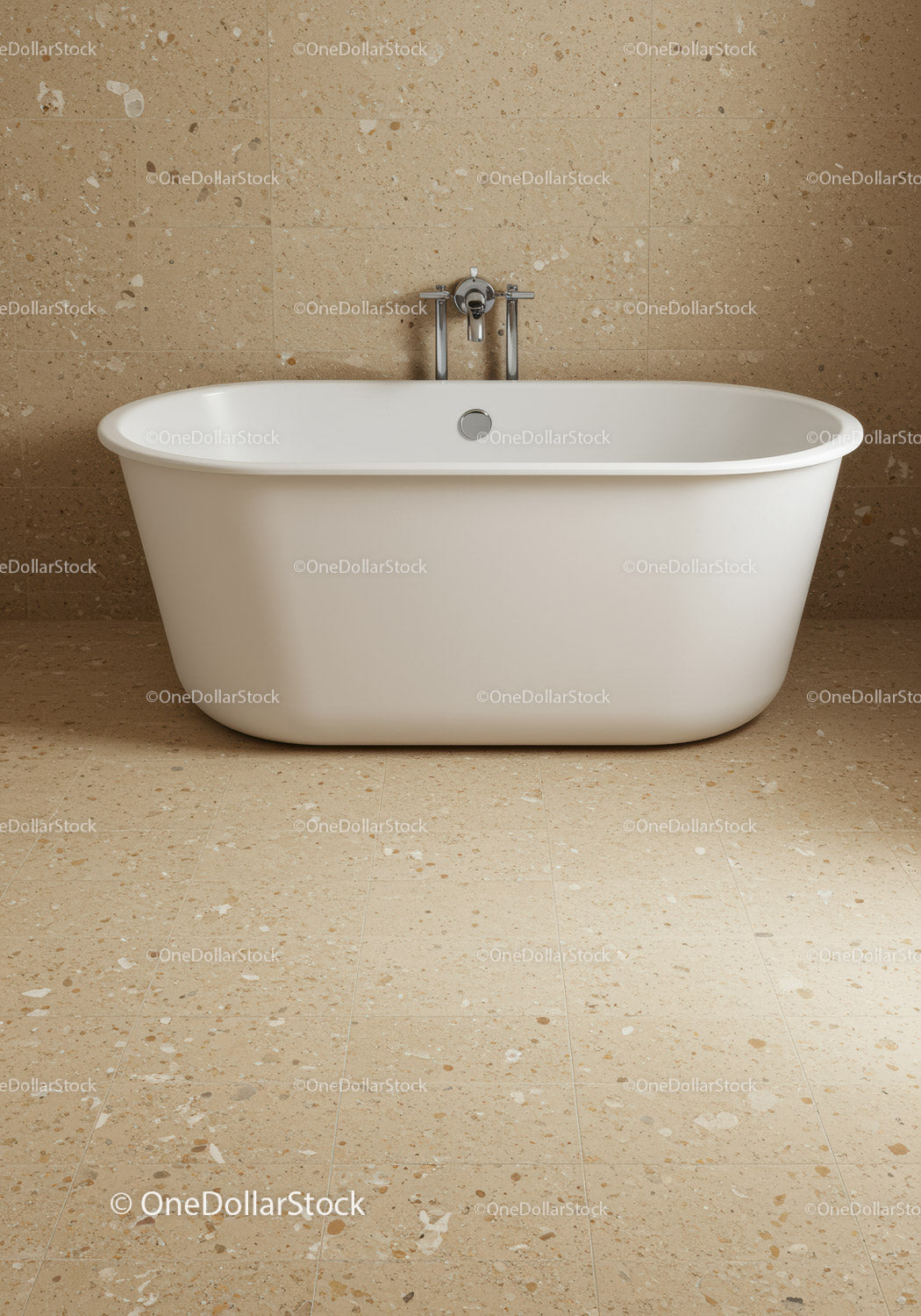 White Freestanding Bathtub in Modern Bathroom with Beige Tiles
