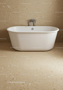 White Freestanding Bathtub in Modern Bathroom with Beige Tiles