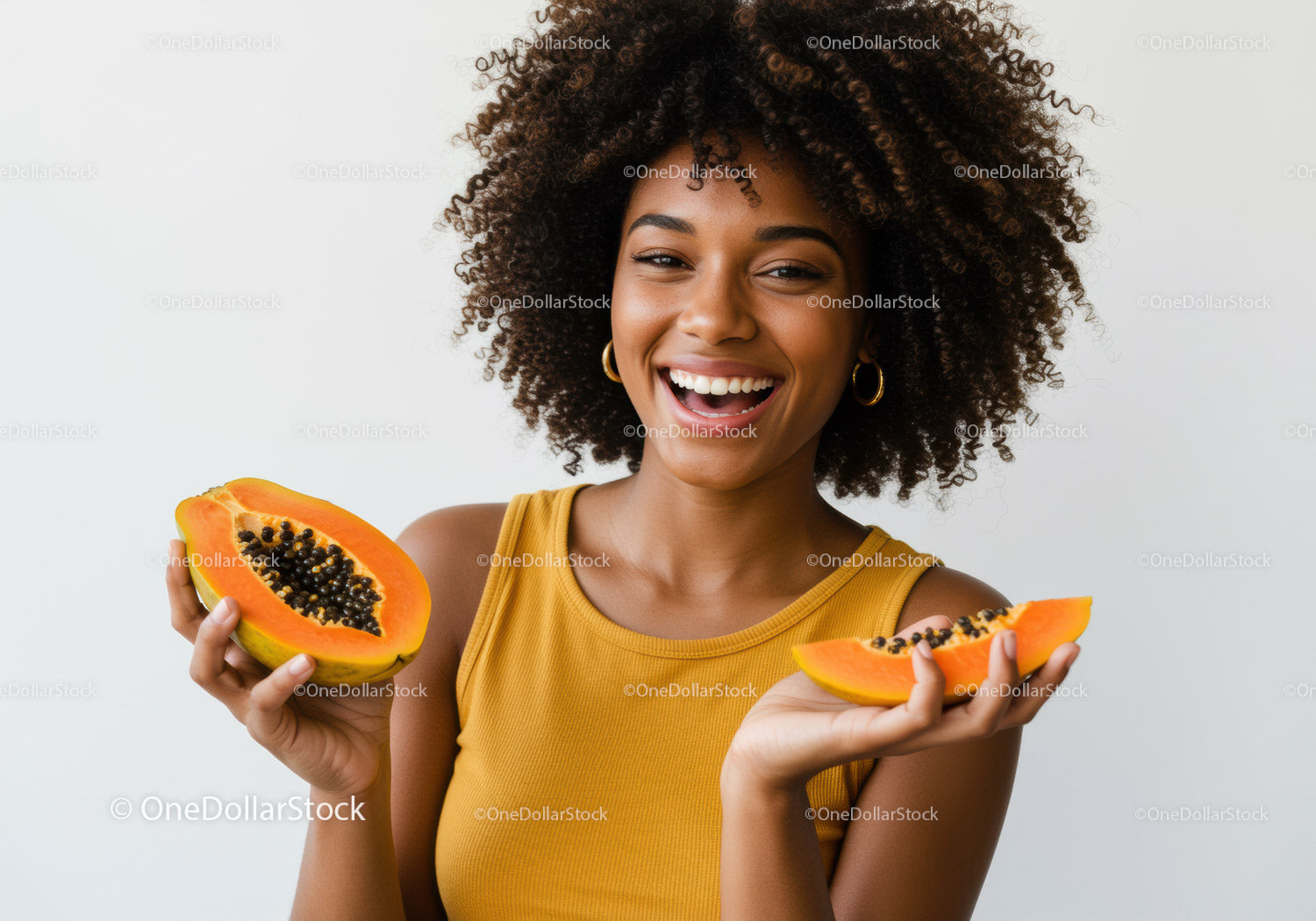 Vibrant Smiling Woman Holding Fresh Papaya and Slices