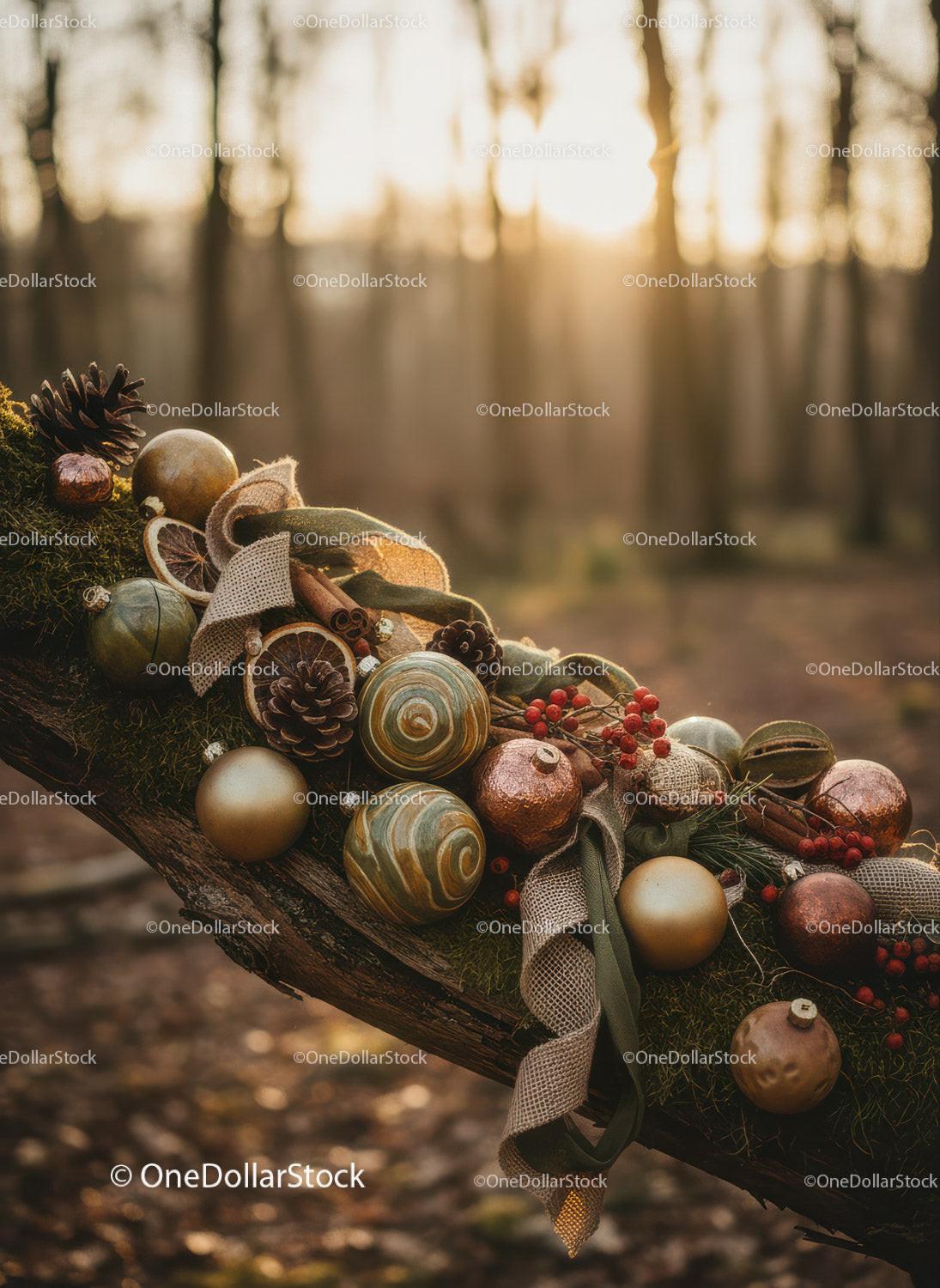Rustic Christmas Decoration on Mossy Forest Log