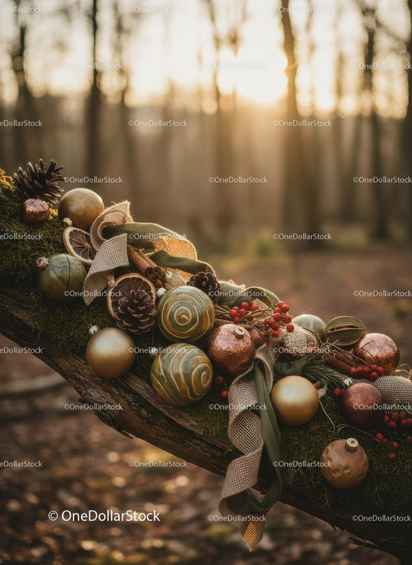 Rustic Christmas Decoration on Mossy Forest Log