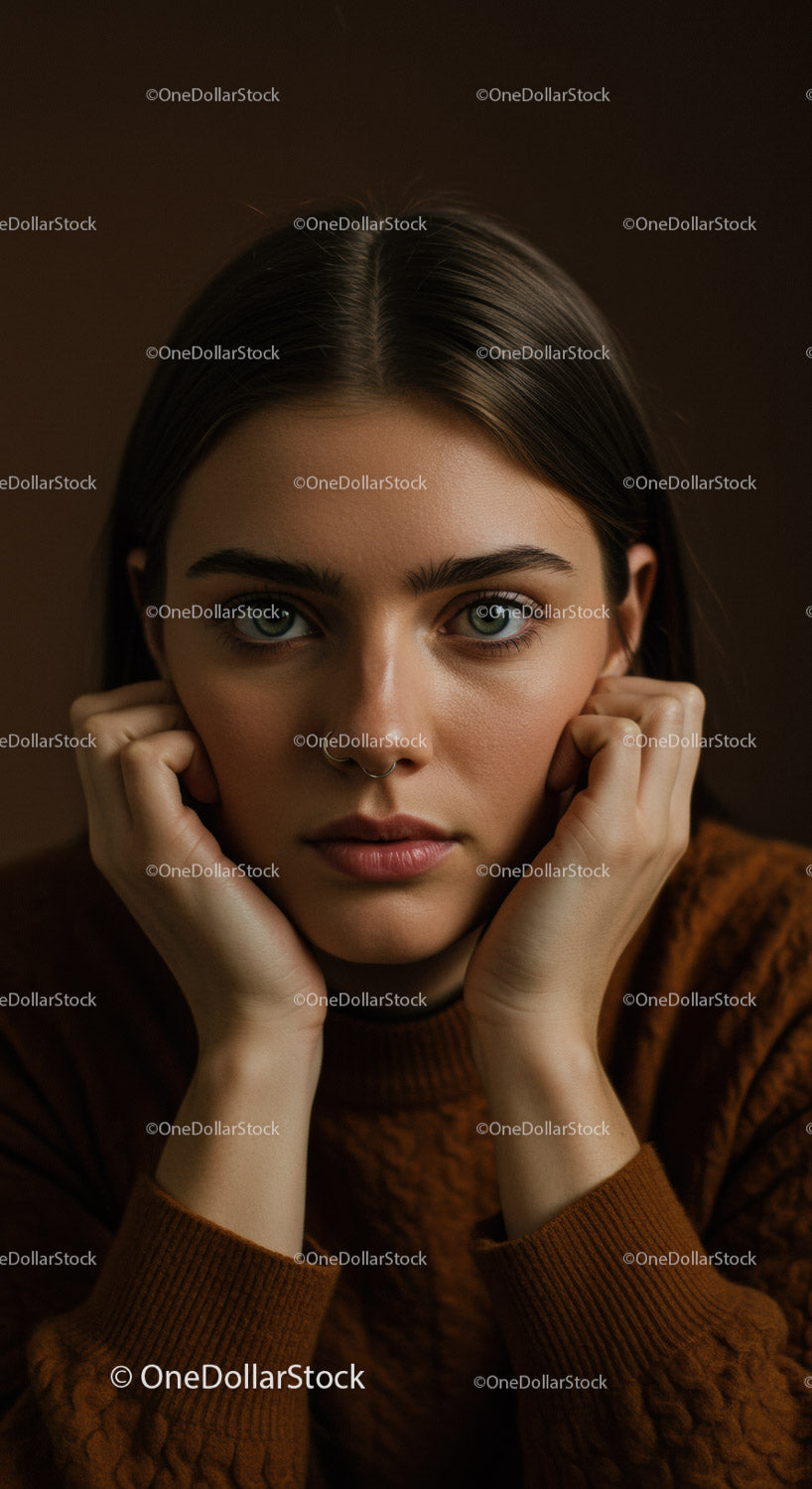 Portret młodej kobiety z intensywnym wyrazem twarzy i stylowym wyglądem