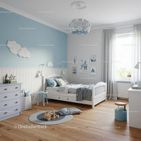 Cozy Children's Bedroom with White Bed and Blue Wall Art