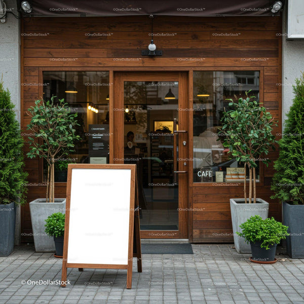 Modern cafe entrance with wooden facade and greenery JPG Mockup Image