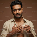 Stylish Man with Beard in Beige Shirt Holding Cream Against Brown Background
